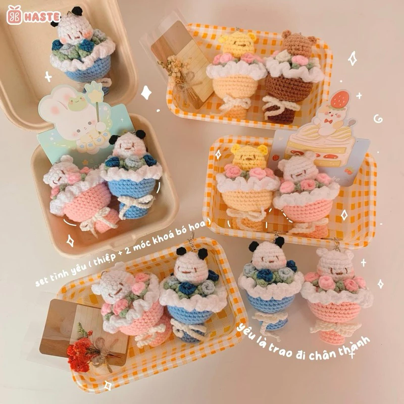 Móc Khoá Len Bó Hoa Thú Gấu Heo Thỏ Mini Handmade tại haste