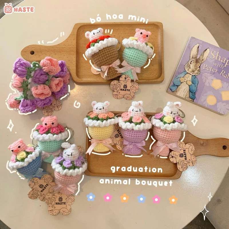 Móc Khoá Len Bó Hoa Thú Gấu Heo Thỏ Mini Handmade tại haste